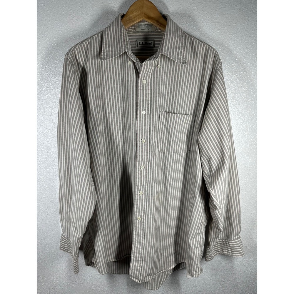 LL Bean‎ Button Down Shirt Mens 17-36 Gray Striped Long Sleeve Cotton Blend 6870
